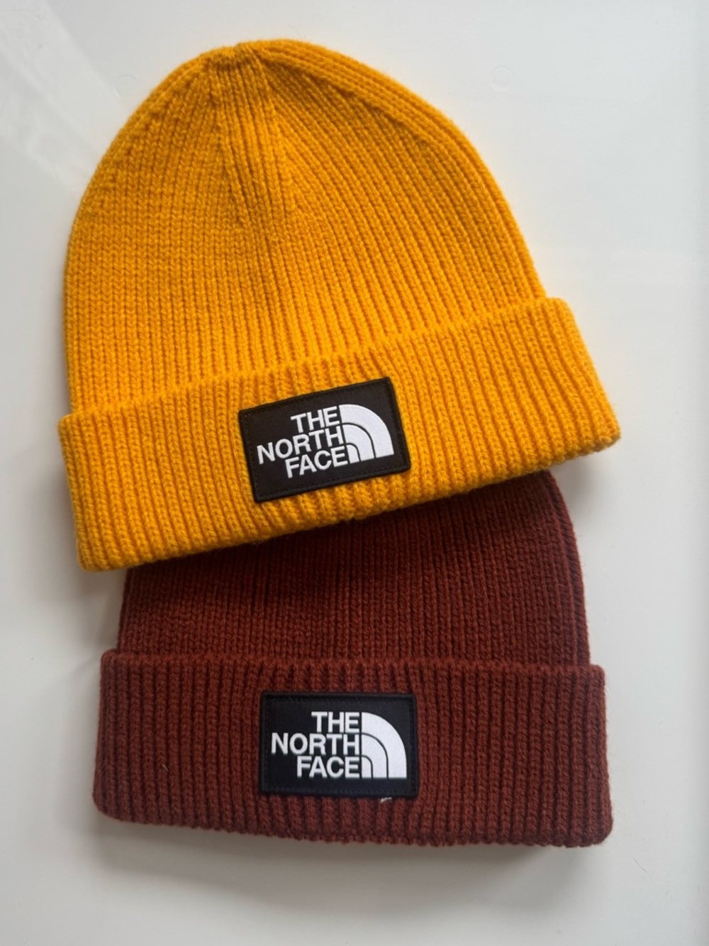 The North Face Yellow and Brown Ribbed Logo Box Cuffed Beanies